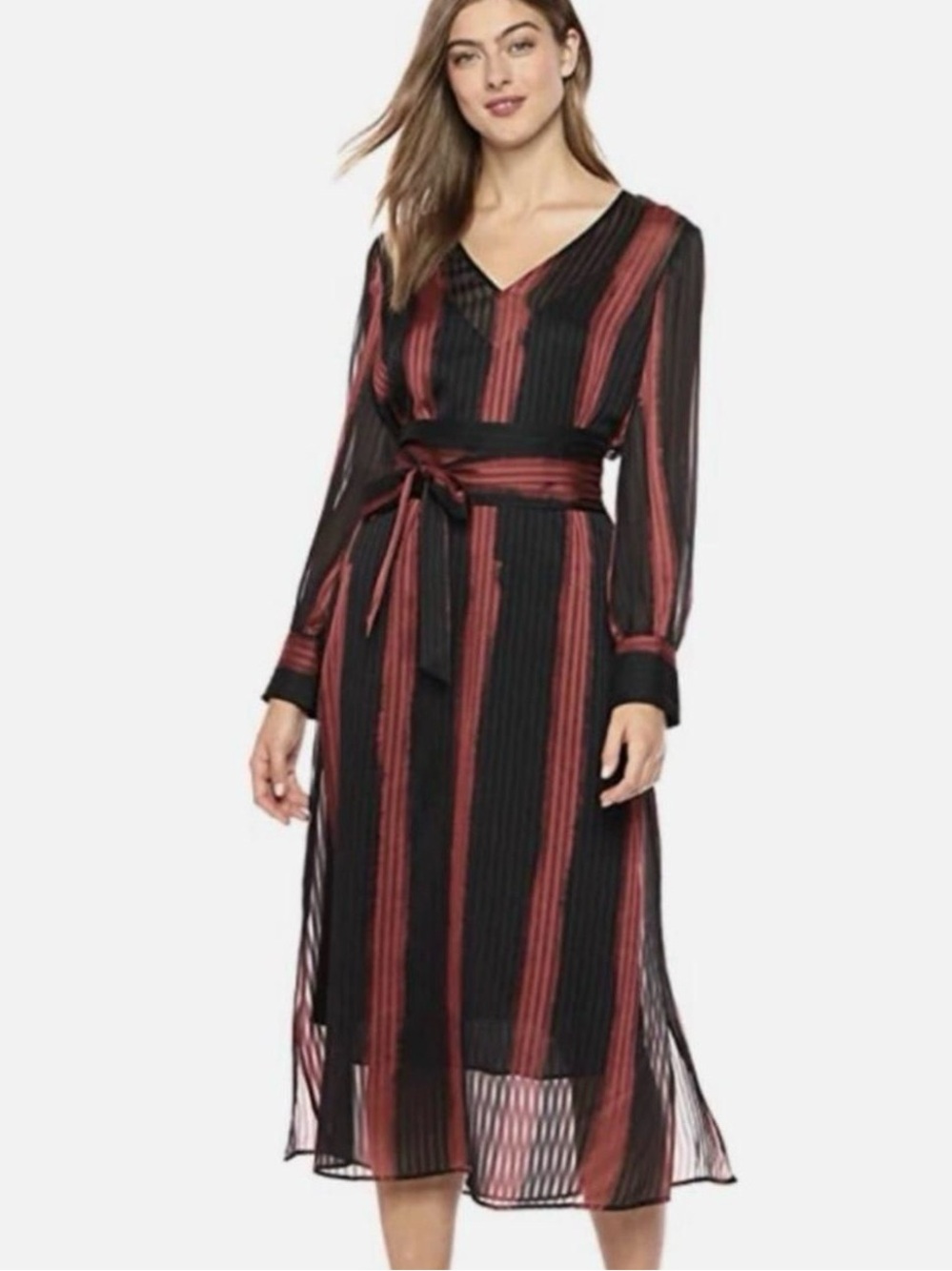 BCBGMaxAzria Black and Burgundy Striped V-Neck Midi Dress